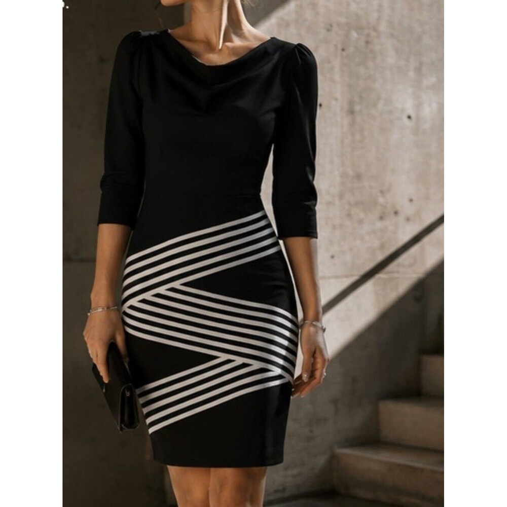 Minimalist European Editorial Fashion Black White Dress 6 Knee Length
